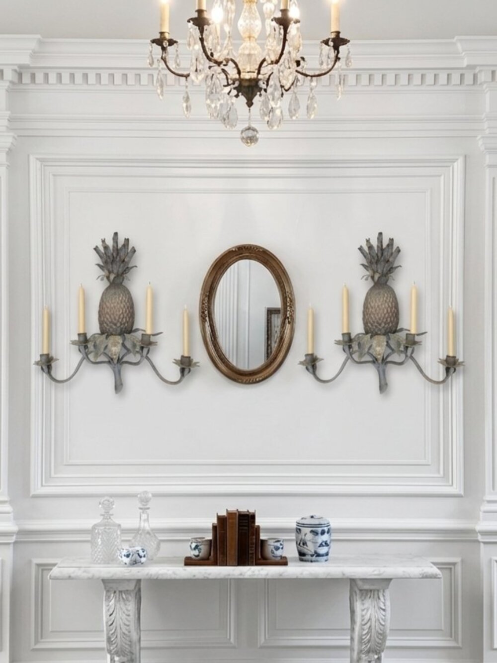 Pair of Vintage Italian 4-Light Gilt Iron Pineapple Sconces - Hollywood Regency